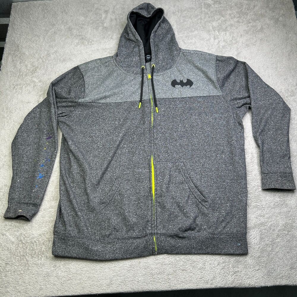 DC Comics Batman Hoodie Mens 2XL Heather Gray Fleece Lined Logo Winter Full Zip